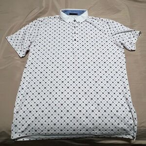 Greyson Golf Tennis Polo Wolf All Over Logo Design White Blue Geometric Mens XL